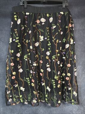 Spense Black A-Line Skirt with Multicolor Floral Embroidery